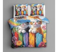 Super King Duvet Cover Sets Cute Cat - Rainbow Fence Bedding 3 Piece with 2 Pillow Cases - Reversible Design & Bedroom Decorations - Soft Microfibre Quilt Cover with Zip L&-5502