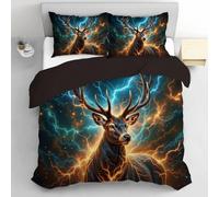 Super King Duvet Cover Sets - Mysterious Deer Bedding Set with Pillowcases, Ultrasoft Lightning Streaks Across The Sky Non Iron Reversible Quilt Cover with Zipper Closure, Blue-Orange 260x220cm