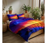 Super King Duvet Cover Sets - Premium Microfiber Reversible Super King Duvet Cover Sets 3 Pcs - Sunset Rocks Waves Quilt Cover Bedding Set With Zipper Closure, Hypoallergenic, Orange Blue
