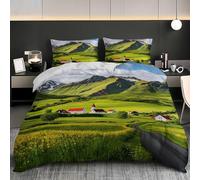 Super King Duvet Cover Sets - Soft & Breathable Brushed Microfibre Icelandic Town Landscape Duvet Cover for Adults - Zipper Quilt Cover Set, Easy Care Green Bedding Set