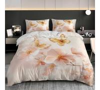 Super King Duvet Cover Sets - Soft & Breathable Brushed Microfibre Pink Duvet Cover for Adults - Zipper Quilt Cover Set, Easy Care Watercolor Floral Golden Butterfly Bedding Set