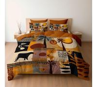 Super King Duvet Set, Abstract African tribe palm animals Premium Brushed Microfiber 260 x 220 cm, Ultra Soft Reversible Luxury Quilt Cover Bedding Set With Zipper Closure, Rust Orange