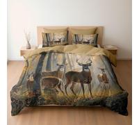Super King Duvet Set, Autumn Forest Art Deer Illustration Premium Brushed Microfiber 260 x 220 cm, Ultra Soft Reversible Luxury Quilt Cover Bedding Set With Zipper Closure, Camel Brown
