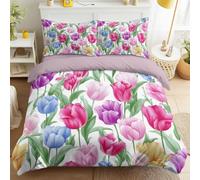 Super King Duvet Set Elegant, French Style, Countryside Brushed Microfiber fitted sheet with Pillow cases Set 4 Piece Tulip, Floral Bedding Set