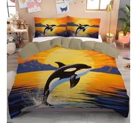 Super King Duvet Set - Killer Whale Sunset Ocean Printed Duvet Cover Sets - Super King Size Bedding Sets with 2 Pillowcases Zipper Closure - Ultra Soft Brushed Microfiber (260x220cm,Blue Orange)