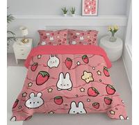 Super King Duvet Set, Rabbit Strawberry And Stars Coverless Duvet with 2 Pillowcases, Cartoon Style Down Alternative Reversible Bedding Quilted Comforter Sets for All Seasons, 240x260cm Blush Powder