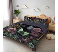 Super King Duvet Set, Reversible Microfiber 260x220CM Poppies Vintage Flowers Fantasy Flowers Bushes Duvet Cover, 3 PCs Ultrasoft Black Quilt Cover Bedding Set With Zipper Closure + 2 Pillowcases