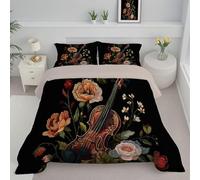 Super King Duvet Set, Soft Old Violin Coverless Duvet with 2 Pillowcases, Retro Flowers Down Alternative Reversible Bedding Quilted Comforter Sets for All Seasons, 240x260cm Black