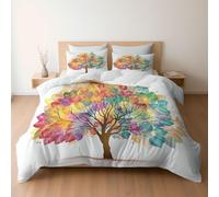 Super King Duvet Set, Watercolor Big Tree Colorful Leaves Premium Brushed Microfiber 260 x 220 cm, Ultra Soft Reversible Luxury Quilt Cover Bedding Set With Zipper Closure, White