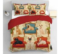 Super King European Style Classical Sofa Duvet Cover Set 3 Pcs Brushed Polyester Cute Dog Animal Bedding Set With 2 Pillow Cases,Ultrasoft Duvet 260x220CM Quilt Cover With Zipper Closure Brown