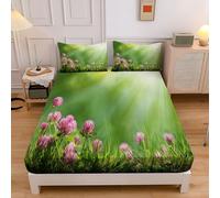 Super King Fitted Sheet 180x200cm with 2 Pillowcases, Green, Brushed Microfiber Ultra Soft Super King Bed Sheets,Breathable 30 cm Deep Nature Sunshine Pink Flowers Grass Fitted Sheets