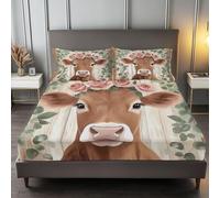 Super King Fitted Sheet 30 cm Deep, Animals Cows Flowers Brushed Microfiber Ultra Soft No-Iron Wrinkle-Resistant Fitted Bed Sheets Hypoallergenic Breathable Sheets, Cream