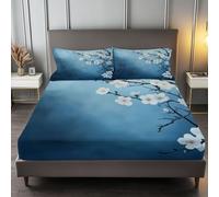 Super King Fitted Sheet 30 cm Deep, Chinese Ink Painting Of Plum Blossoms Brushed Microfiber Ultra Soft No-Iron Wrinkle-Resistant Fitted Bed Sheets Hypoallergenic Breathable Sheets, Blue