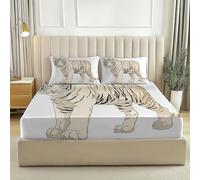 Super King Fitted Sheet - 30 Cm Deep Hotel Quality Beige Bed Sheets - Soft & Breathable Fitted Bed Sheets Animals White Tiger Jungle - Easy Care Hypoallergenic 180 X 200 Cm
