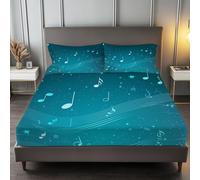 Super King Fitted Sheet 30 cm Deep, Musical Elements Musical Notes Staff Brushed Microfiber Ultra Soft No-Iron Wrinkle-Resistant Fitted Bed Sheets Hypoallergenic Breathable Sheets, Blue-Green
