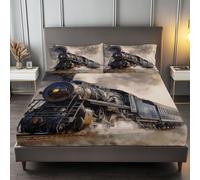 Super King Fitted Sheet 30 cm Deep, Retro Steam Locomotive Brushed Microfiber Ultra Soft No-Iron Wrinkle-Resistant Fitted Bed Sheets Hypoallergenic Breathable Sheets, Khaki