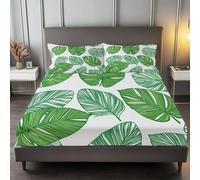 Super King Fitted Sheet 30 cm Deep, Tropical Plant Leaves Brushed Microfiber Ultra Soft No-Iron Wrinkle-Resistant Fitted Bed Sheets Hypoallergenic Breathable Sheets, Green