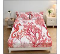 Super King Fitted Sheet 30cm Deep Fit - Soft Microfibre Red Coral And Seahorse Illustration Red Fitted Bed Sheets with 2 Envelope Pillowcases,180×200 cm (Fits Mattress Up to 30cm Deep)