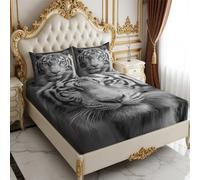Super King Fitted Sheet animal tiger 180 x 200 cm 25cm Deep Pocket Microfiber Fade Resistant with Pillowcases grey Bedding