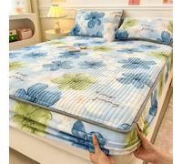 Super King Fitted Sheet, Bed Sheets Fitted Blue Green Flowers Milk Velvet Soft Comfortable 71"W x 79"L 1 Piece