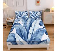 Super King Fitted Sheet Blue, Extra Deep Pocket Bed Fitted 12 inch 30 cm, Tropical Plants Abstract Banana Leaf Ultra Soft Microfiber Bottom Sheet, 180x200cm