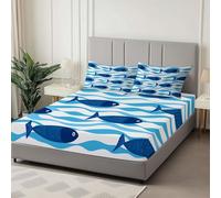 Super King Fitted Sheet Blue, Simple Wave Stripe Pattern 30 cm Deep Pocket Hotel Quality Bedding - Soft Microfibre & Breathable Bed Cover Super King Bed - Anti-Wrinkle Easy Care Fitted Sheets