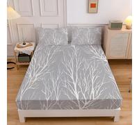 Super King Fitted Sheet Grey, Extra Deep Pocket Bed Fitted 12 inch 30 cm, Modern Plants Abstract Forest Ultra Soft Microfiber Bottom Sheet, 180x200cm