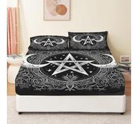 Super King Fitted Sheet Lightweight Super Soft Microfiber 3 Piece Bed Sheet Set With 12” Deep Pockets, Dark Fantasy Pentagram Printed 71" x 79"(180 x 200 cm) Black And White