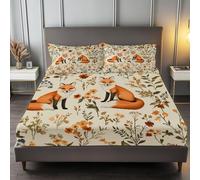 Super King Fitted Sheet Pastoral Style Floral Fox, Cream Extra Deep 12 inch Fitted Sheets Soft Brushed Microfiber Bedding Set for Children and Adults with 2 Pillowcases