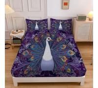 Super King Fitted Sheet Purple, Extra Deep Pocket Bed Fitted 12 inch 30 cm, Abstract Animals Peacock Swirls Feathers Ultra Soft Microfiber Bottom Sheet, 180x200cm