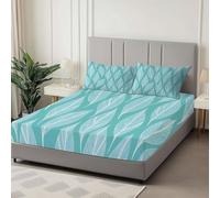 Super King Fitted Sheet, Simple Leaf Lines Soft Breathable Fitted Bed Sheets - Anti-Wrinkle Easy Care, Non Iron Polycotton Elasticated Corner Bedding, Light Blue
