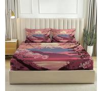 Super King Fitted Sheet Soft Polyester Microfibre Traditional Cherry Blossom Mount Fuji Design, Hotel Quality Bottom Sheet 180 x 200 cm, Fits up to 30 cm Deep Mattress Fade Resistant, Pink