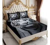 Super King Fitted Sheet White Tiger 180 x 200 cm 25cm Deep Pocket Soft Microfiber Breathable Wrinkle Resistant grey Bottom Sheet