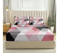 Super King Fitted Sheet with Color Block Geometry Triangle Pattern, Soft Microfiber Bed Sheet with 30 cm Deep Pocket and Pillowcases, Breathable, Wrinkle and Fade Resistant (180 x 200 cm, Pink Gray)
