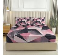 Super King Fitted Sheet with Geometry Triangle Color Block Pattern, Soft Microfiber Bed Sheet with 30 cm Deep Pocket and Pillowcases, Breathable, Wrinkle and Fade Resistant (180 x 200 cm, Pink Gray)