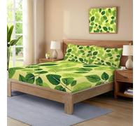 Super King Fitted Sheets 30cm Deep Fit Soft Microfibre Simple, plant Shrinkage, Fade Leaf Green Fitted Bed Sheets King Size with 2 Envelope Pillowcases
