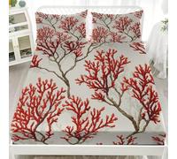 Super King Fitted Sheets 72x80 inch - 30cm Deep Pocket Fitted Bed Sheet - Light Beige Soft Brushed Microfibre Bedding, Red Ocean Coral Wrinkle & Shrink Resistant Bottomsheet with 2 Pillowcases