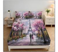 Super King Fitted Sheets, Street Couple Pattern Paris Oil Painting Print Soft Microfibre Fitted Bed Sheets, 30cm Deep Pocket, Anti-Slip Bedsheets with 2 Pillowcase, Pink