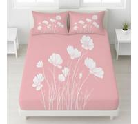 Super King Fitted Sheets - Ultrasoft Pink Bed Sheets Breathable and Luxury Resistant Bedding Sets 3 Piece with Pillowcase with zipper closure30 CM Deep Hotel Minimalist Plants Cosmos Flower