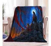 Super King Flannel Fleece Throw Blankets Fantasy Animal Howling Wolf Soft Cozy Print Throw, Fluffy Fall Blanket Plush Home Decor for Couch Bed Sofa Living Room Bedroom, Blue