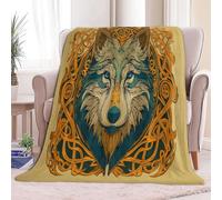 Super King Flannel Fleece Throw Blankets Retro Animal Wolf Head Pattern Soft Cozy Print Throw, Fluffy Fall Blanket Plush Home Decor for Couch Bed Sofa Living Room Bedroom, Yellow