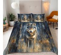 Super King Forest Wolf-A Bedding Set Ultra-Soft Microfiber Duvet Cover Set 3Pcs - 260x220cm + 2 Pillowcases 50x75cm- Animal 3D Printed Design with Zip Closure & Corner Ties