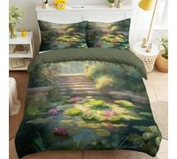 Super King Green Reversible Duvet Cover Lotus Pond Stone Steps Green Plants Machine Washable Bedding Realistic Natural Decorative Bedding Warm natural floral Ultra-soft for Male & Female
