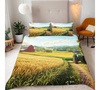 Super King Green Tractor Bedding Set Ultra-Soft Microfiber Duvet Cover Set 3Pcs - 260x220cm + 2 Pillowcases 50x75cm - Wheat Field 3D Printed Design with Zip Closure & Corner Ties