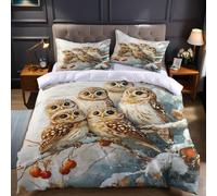 Super King Polyester Bedding Set 260 x 220 cm brown Duvet Cover with Snowy Owl Print and Pillowcases for Bedroom Decor