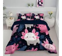 Super King Reversible Duvet - Axolotl Coverless Duvet - All Seasons Hand Drawn Animal Illustrations Duvet- Quilt with Pillowcases - Lightweight Washable Comforter 240x260cm Pink