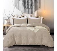Super King Seersucker Bedding Set Khaki Duvet Cover with 2 Pillowcases Soft Breathable Microfiber Duvet Cover Set 220x260cm