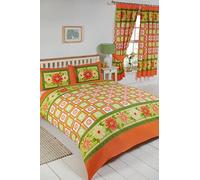 Super King Size Bed Daisy Check Citrus, Duvet/Quilt Cover Set, by MY HOME, Floral Leaves Boxes, Orange Lemon Yellow Lime Green White