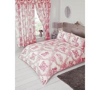 Super King Size Bed Toile De Jouy Red, Duvet/Quilt Cover Bedding Set, by MY HOME, Traditional Floral Damask Country Design, Coral Pastel Red