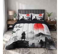 Super King Size Coverless Duvet Red Sun Cliff Warrior Reversible | Oriental Ink Painting All Seasons Down Alternative Comforter, Microfibre Quilted Bedding 264x260cm With 2 Pillowcases, Black White